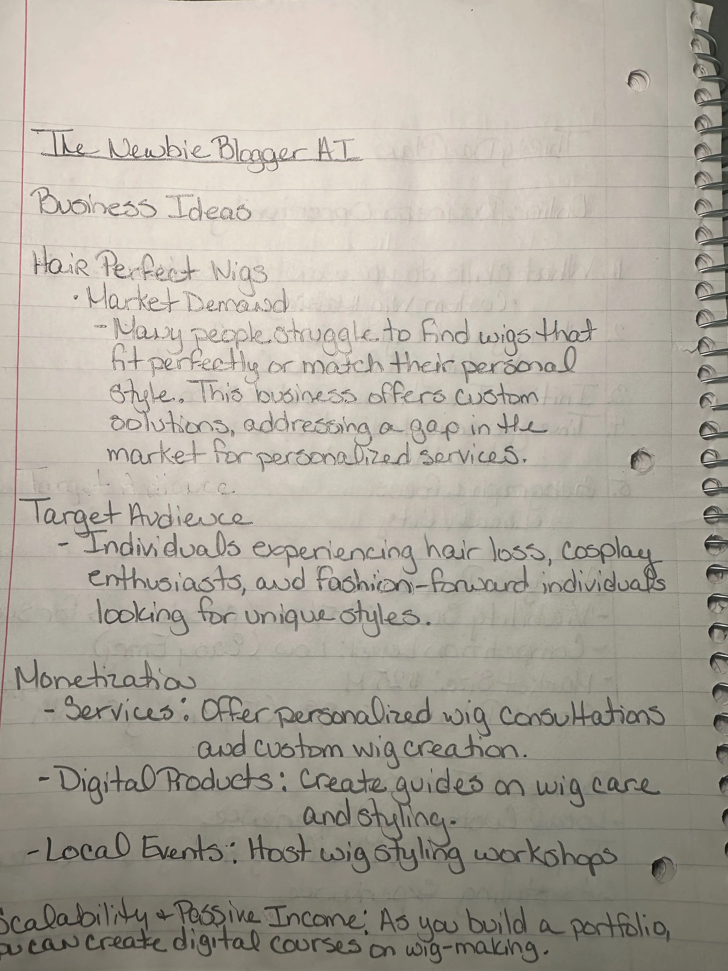 Handwritten business idea notes for Hair Perfect Wigs using The Newbie Blogger AI.