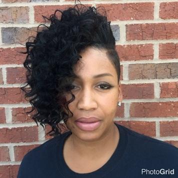 Short wig with curly side bangs on woman, styled to slim and flatter a round face shape