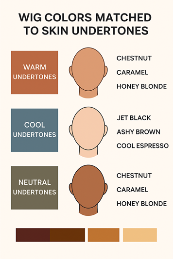 Infographic showing wig colors matched to skin undertones: warm, cool, and neutral