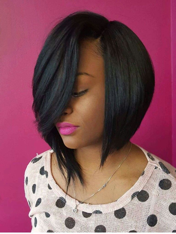 Angled lob wig with side bangs on a woman, styled to slim and flatter a round face shape”  Title: “Angled Lob Wig for Round Faces