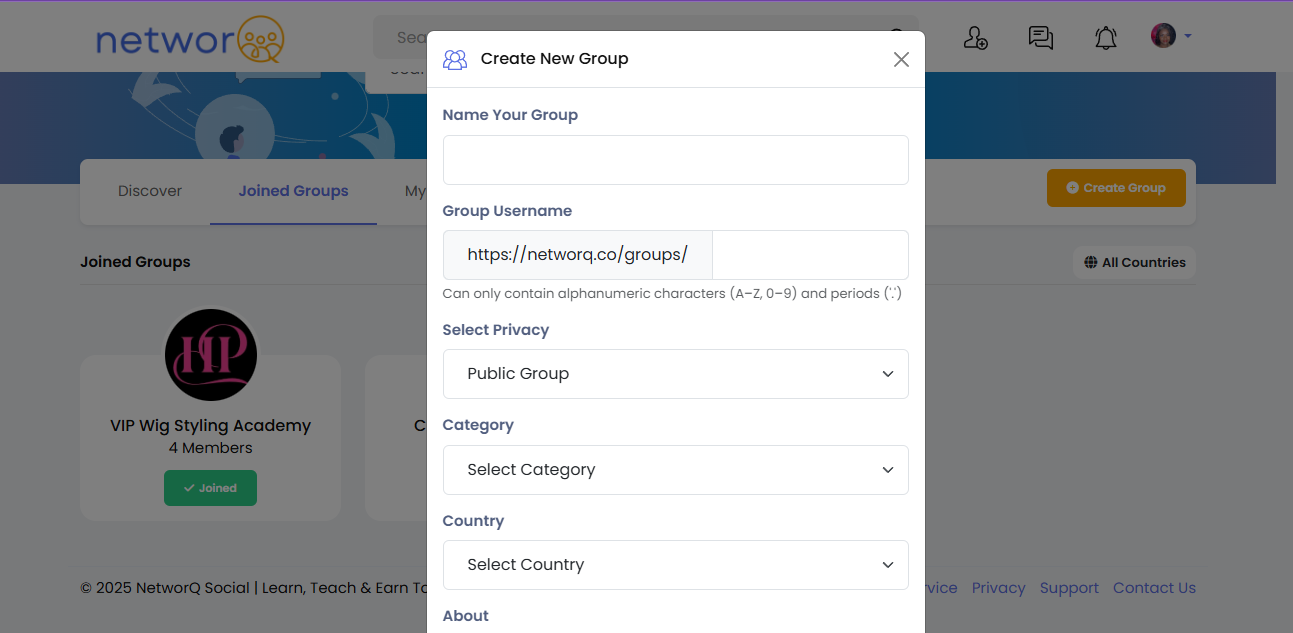 NetworQ Social creator dashboard with paid group options enabled.